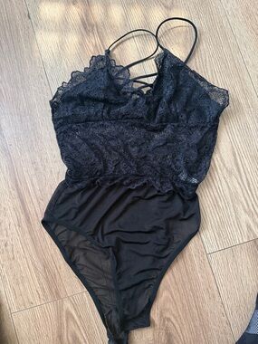 Lace Trim Strappy Bodysuit - Black